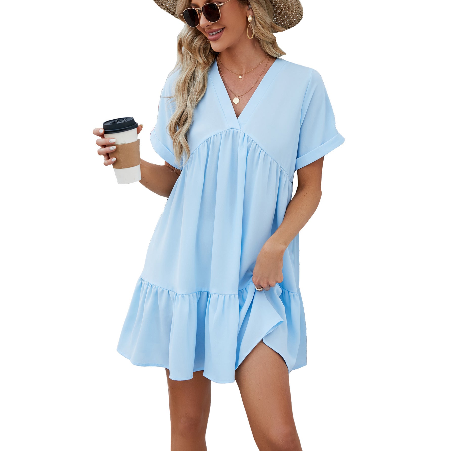 Robe plissée ample unie à col en V pour femme