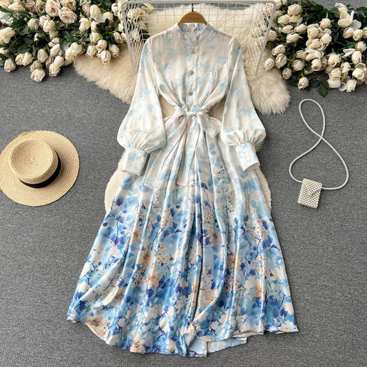 Stand Collar Stitching Floral Chiffon Dress