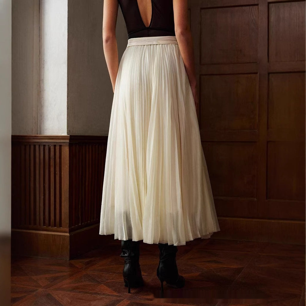 French Style White Pleated High Waist Chiffon Skirt