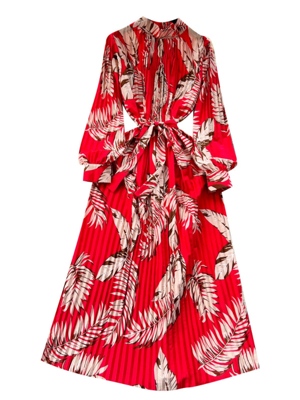 Stand Collar Long Sleeve Printed Chiffon Dress with Lace-Up Cinched Waist and Pleated Skirt