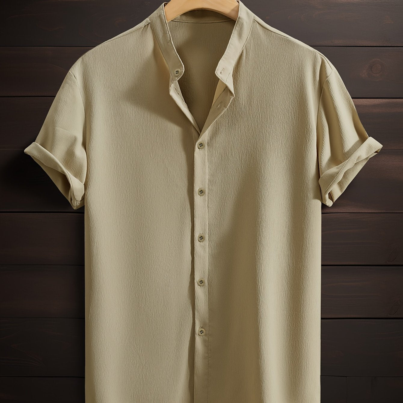 Men's Casual Breathable Polyester Short Sleeve Stand Collar Shirt