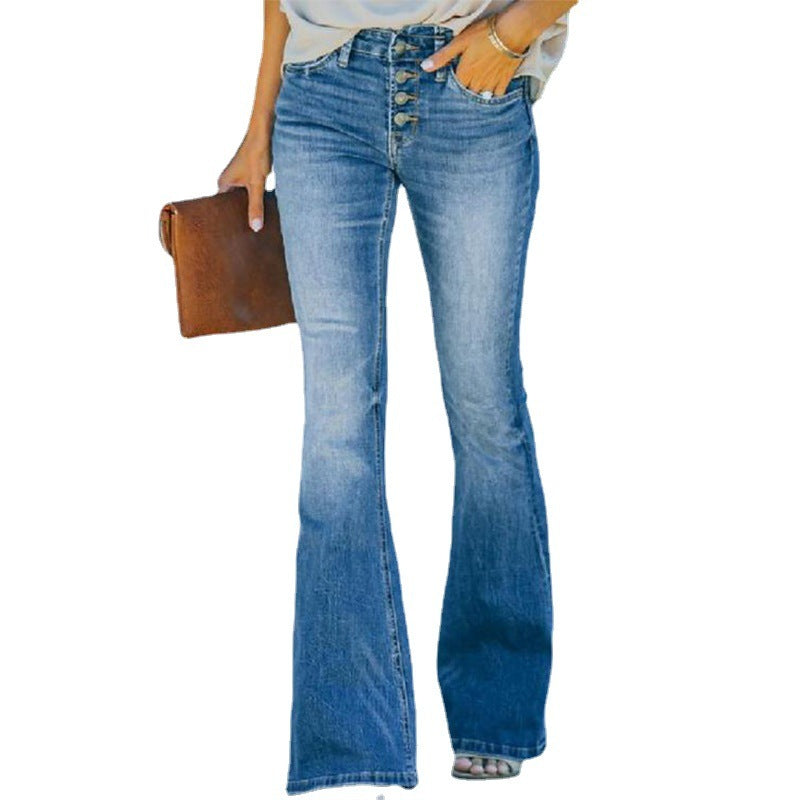 Pantalon en Jean Évasé Taille Haute Femme, Style Urbain Délavé