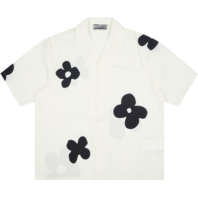 Hand-Painted Silhouette Floret Cuban Collar Short Sleeve Shirt