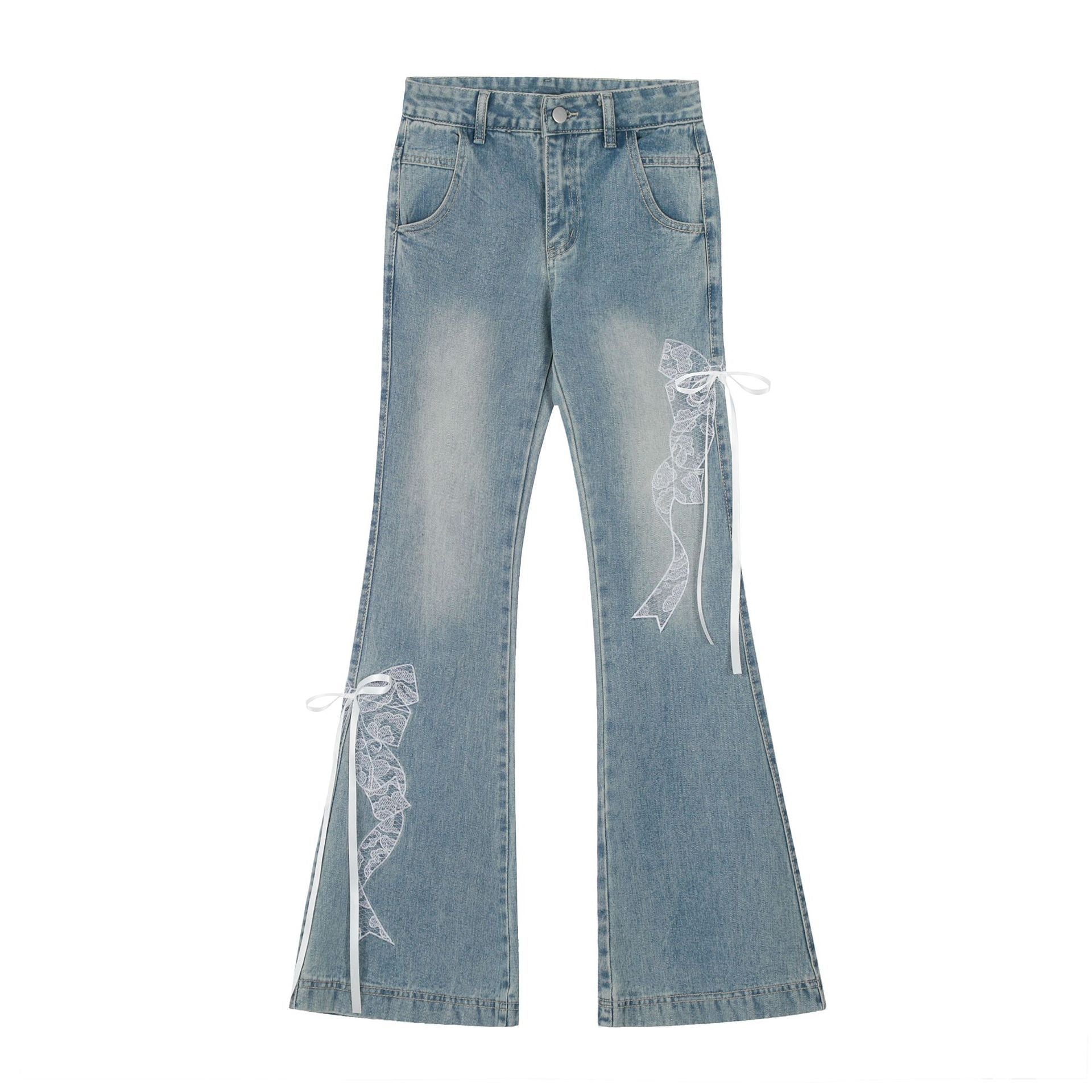 Jean en polyester bleu pour femme avec broderie papillon en dentelle