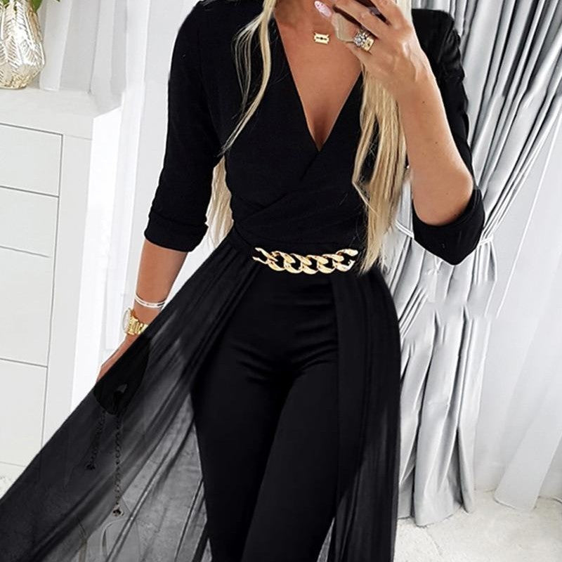 Women's Black Mesh Patchwork V-Neck Jumpsuit
