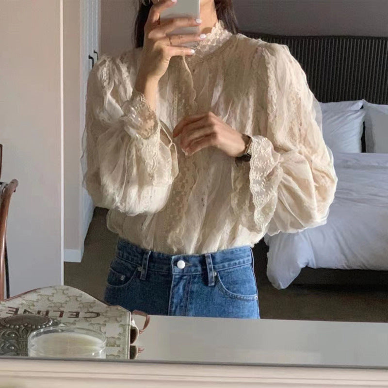 Elegant Lace Puff Sleeve Stand Collar Shirt Women