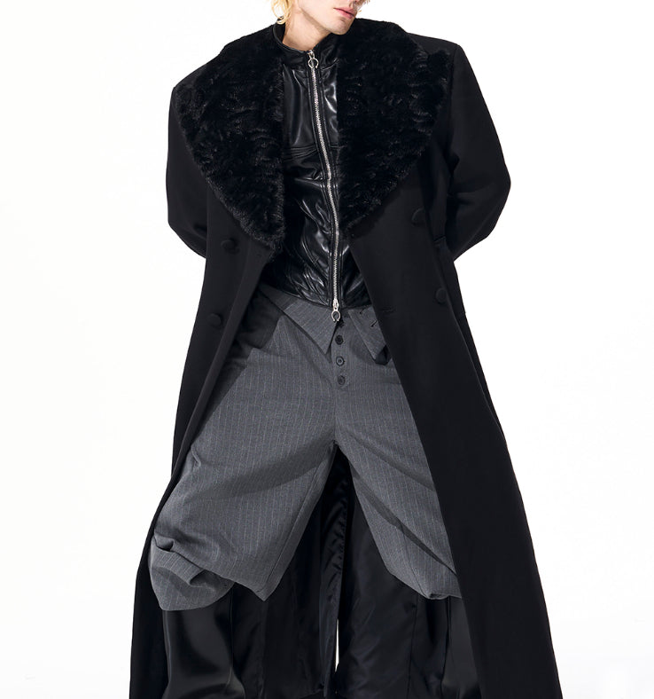 Noble Stitched Lapel Long Trench Coat Blazer in Black