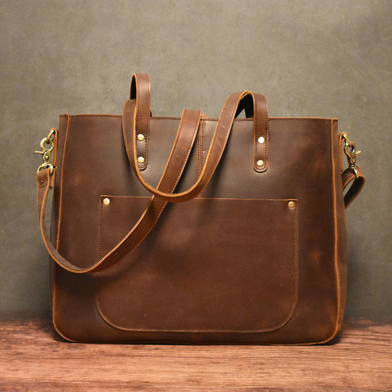 Vintage Crazy Horse Leather Handbag Large Capacity Coffee Color