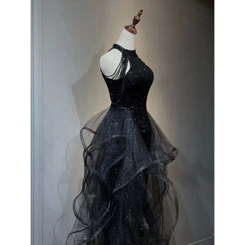 Black Sleeveless High Waist Evening Dress for Women, XS-XXL