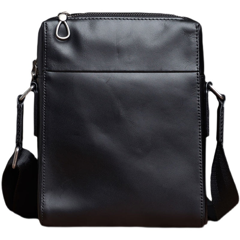 Handmade Men's Black Cowhide Leather Shoulder Bag with Zipper