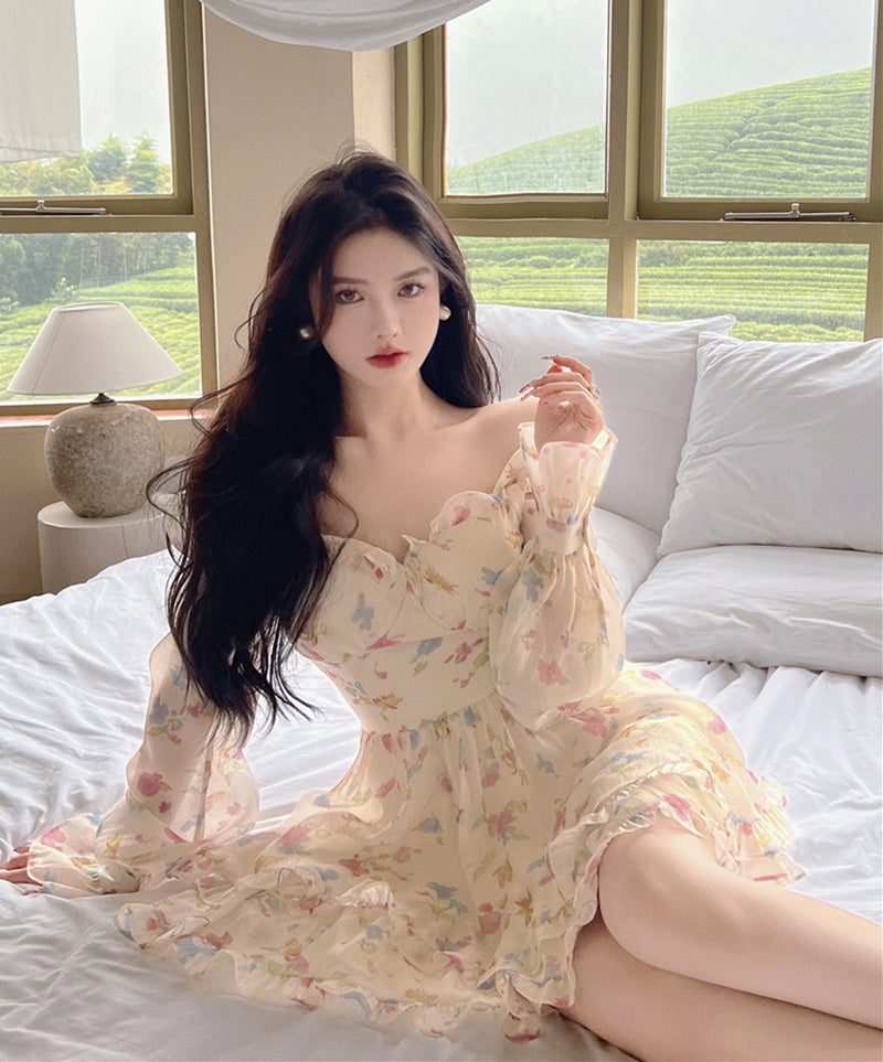 Women's French V-Neck High Waist Floral Chiffon Dress