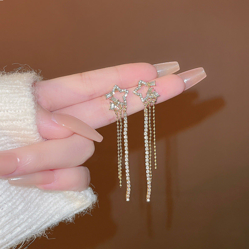 Silver Needle Exquisite Full Diamond Long Fringe Earrings