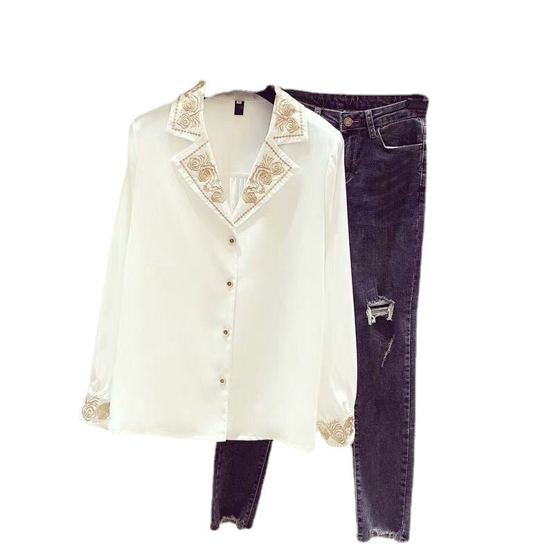 Western Style Embroidery Chiffon Long-sleeved Shirt Women's V-neck All-match Blouse
