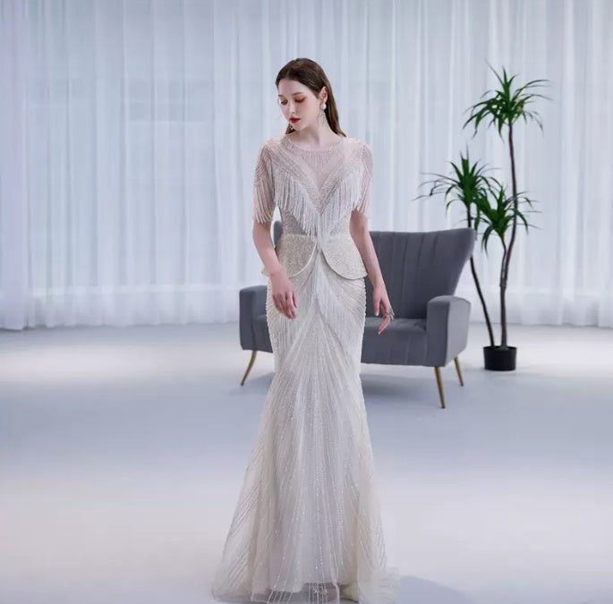 Luxury Cream Tassel Fishtail Evening Dress