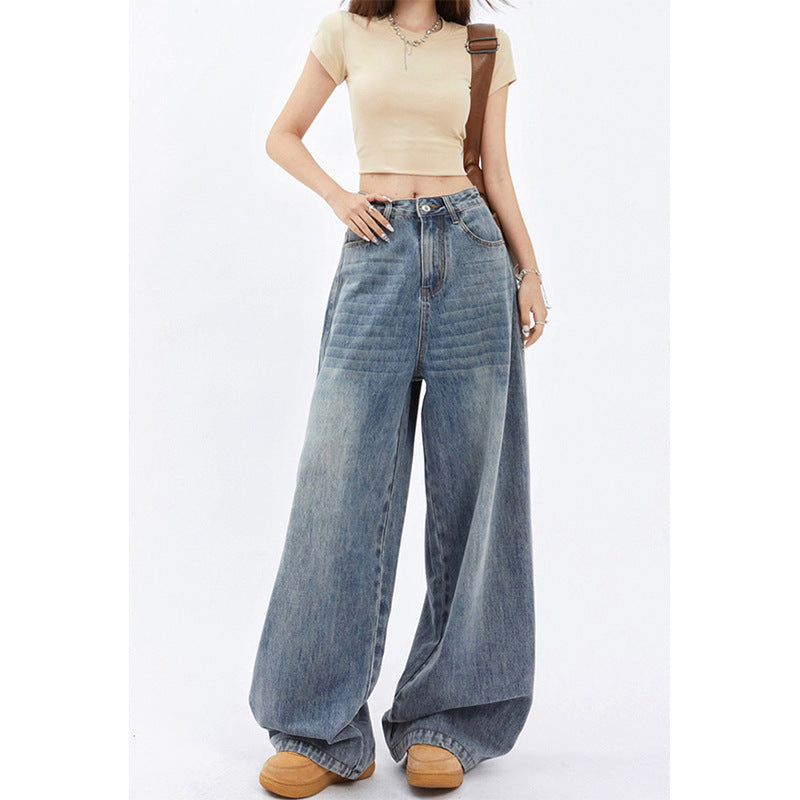 Jean large taille haute rétro bleu ample pour femme