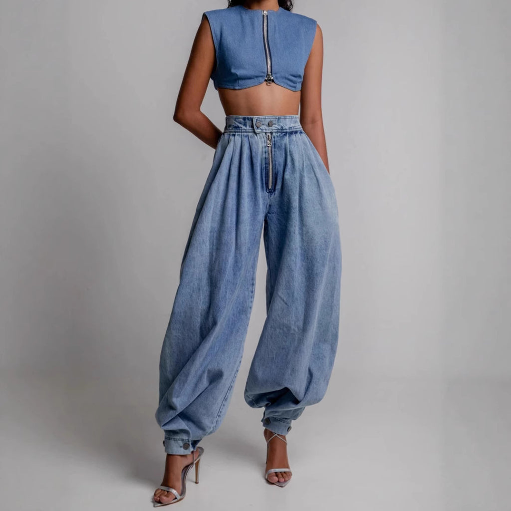 Jean ample taille haute avec attaches aux chevilles et fermeture éclair