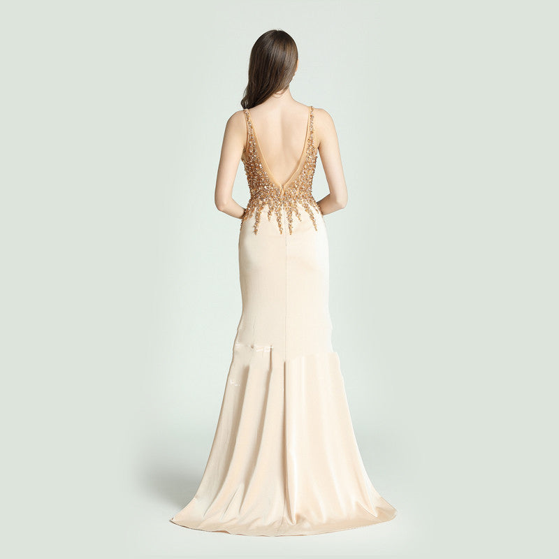 Robe de soirée élégante dorée sans manches, col en V profond, tailles personnalisées S-XL