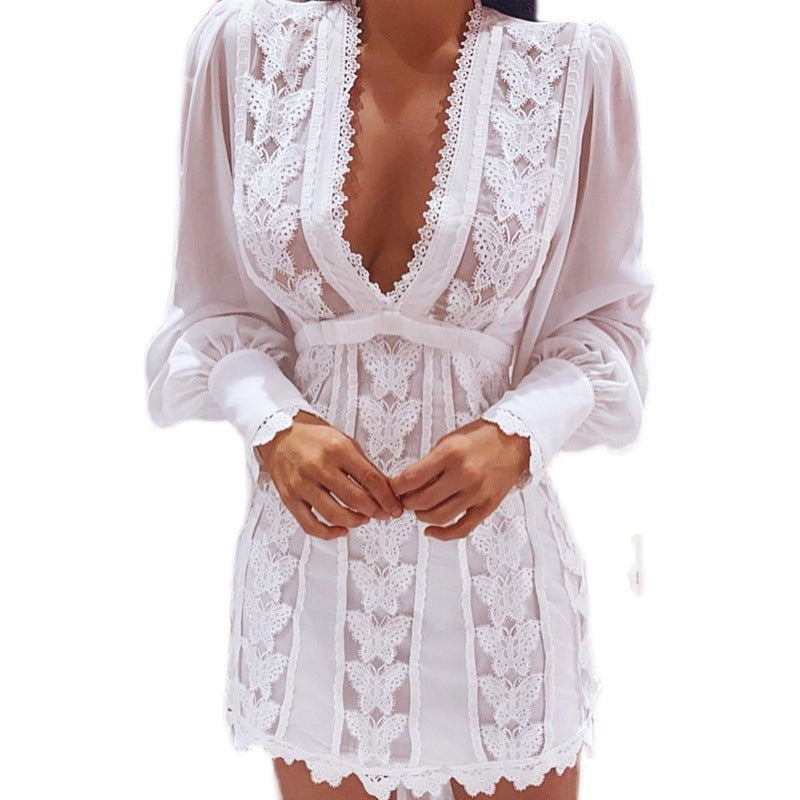 White Sexy V Neck Lace Short Dress with Long Puff Sleeves and Butterfly Design for Women