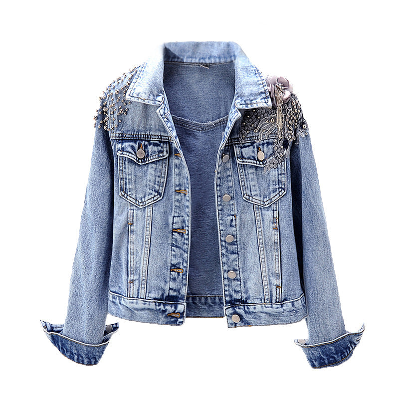 Heavy Industry Beaded Flowers Long-sleeved Denim Jacket
