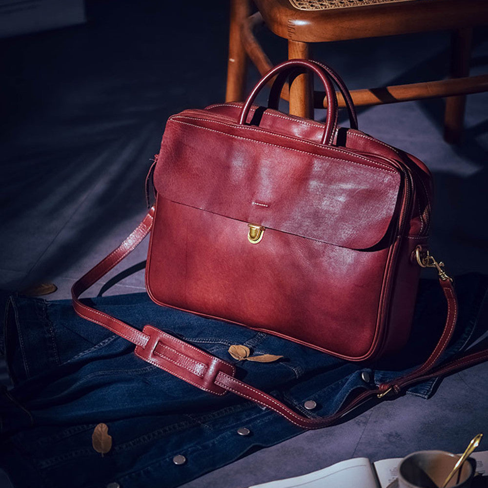 Street Vegetable Tanned Leather Men's Large Capacity Multi-Compartment Briefcase