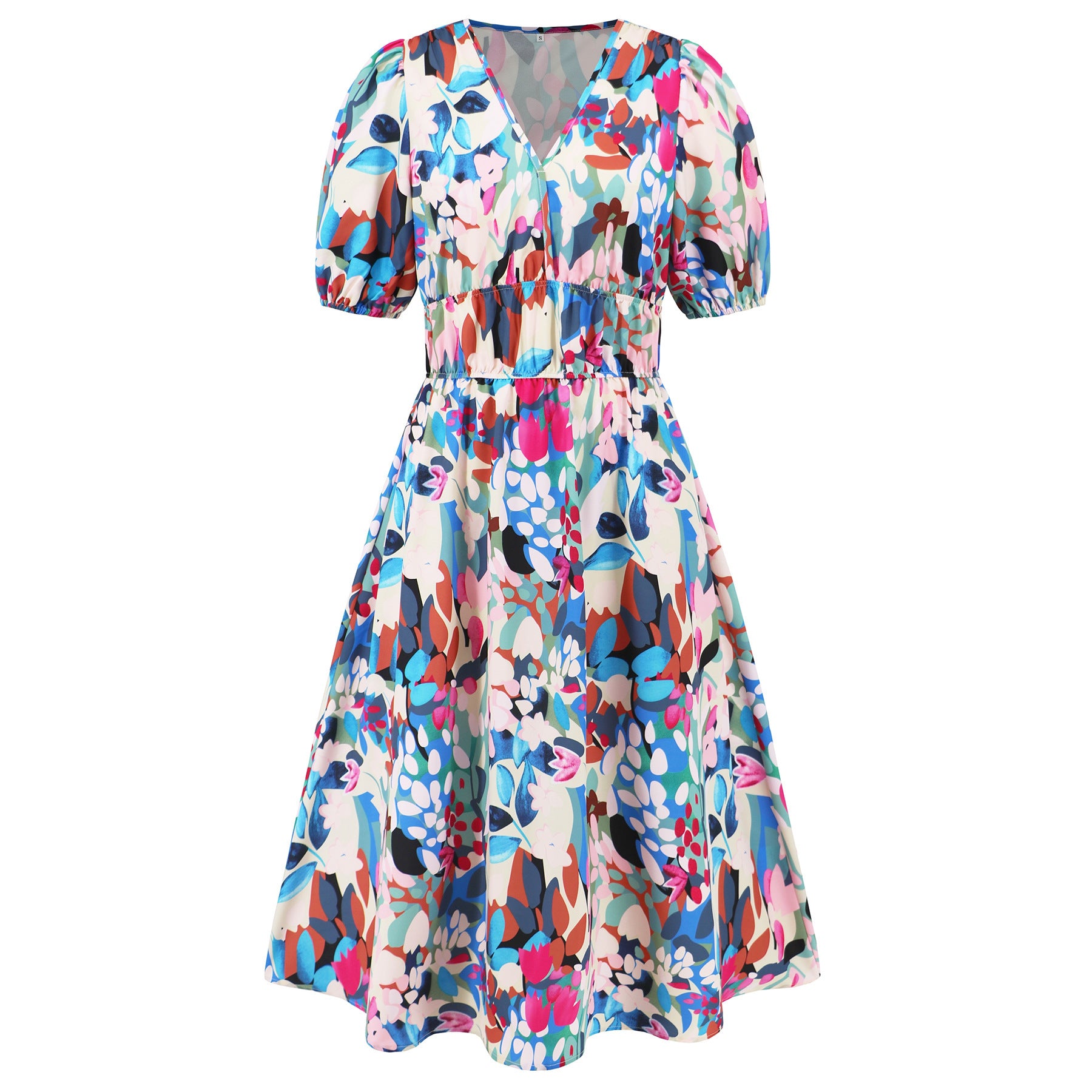 Robe d'été femme col en V imprimé floral bohème avec manches bouffantes