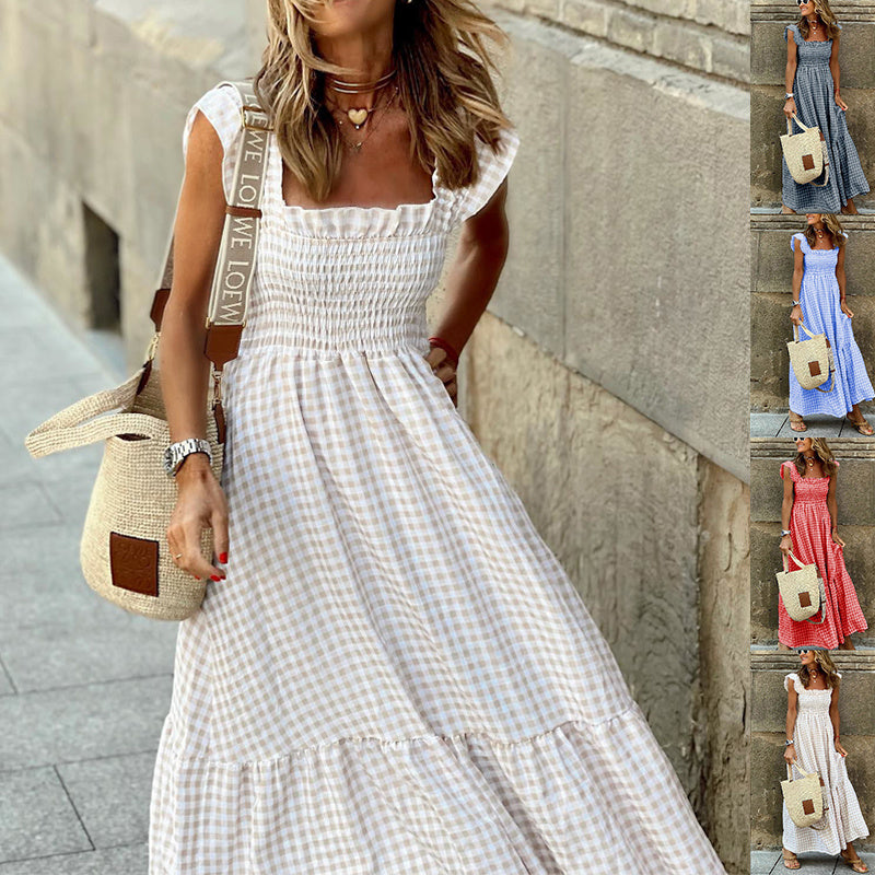 Robe de plage sans manches plissée à volants et motif à carreaux d'été pour femme