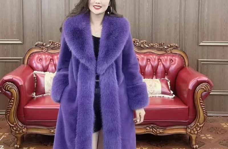Women’s Mink Fur Collar Leather Overcoat Medium Length