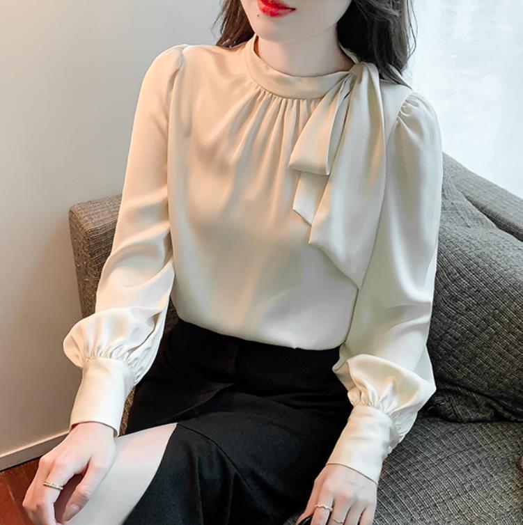 Autumn Satin Shirt Bow Tie-up Top