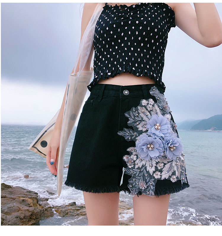 Women's High Waist Denim Shorts with Heavy Industry Applique for Spring and Summer