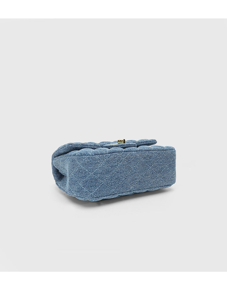 Blue Denim Small Square Chain Bag with Golden Ball Chain