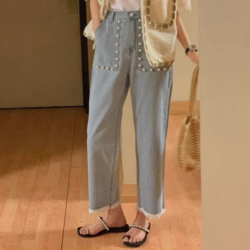 Light Blue High Waist Pearl Pocket Elastic Waist Cropped Jeans