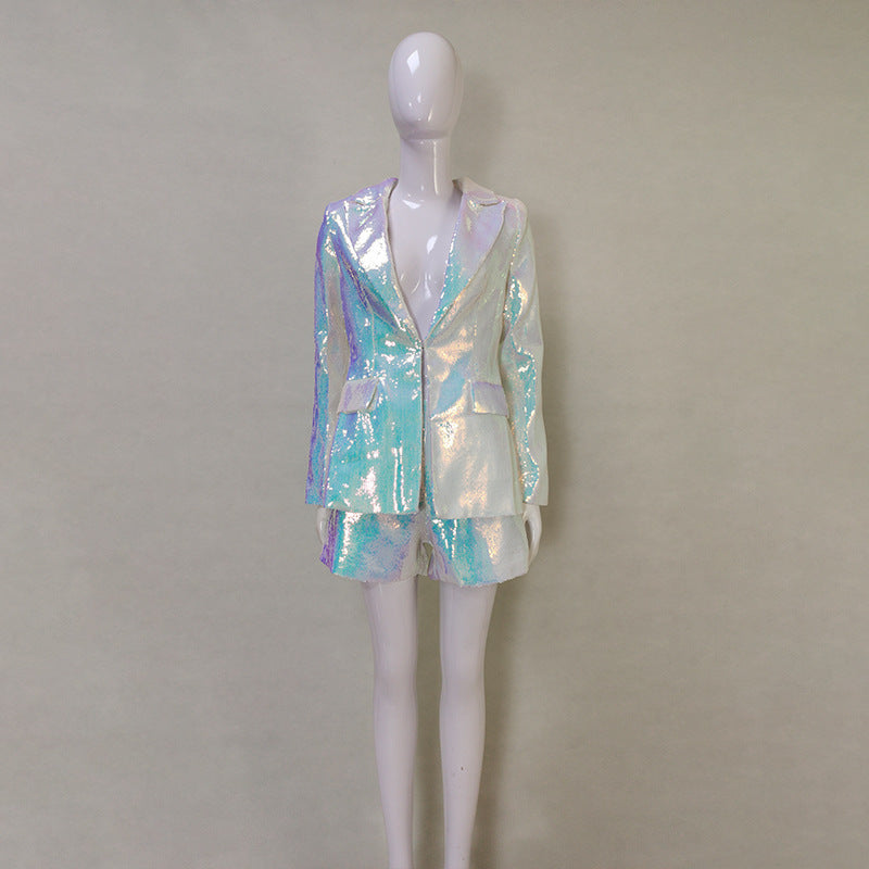 Ensemble short et veste à un bouton à paillettes argentées Magic