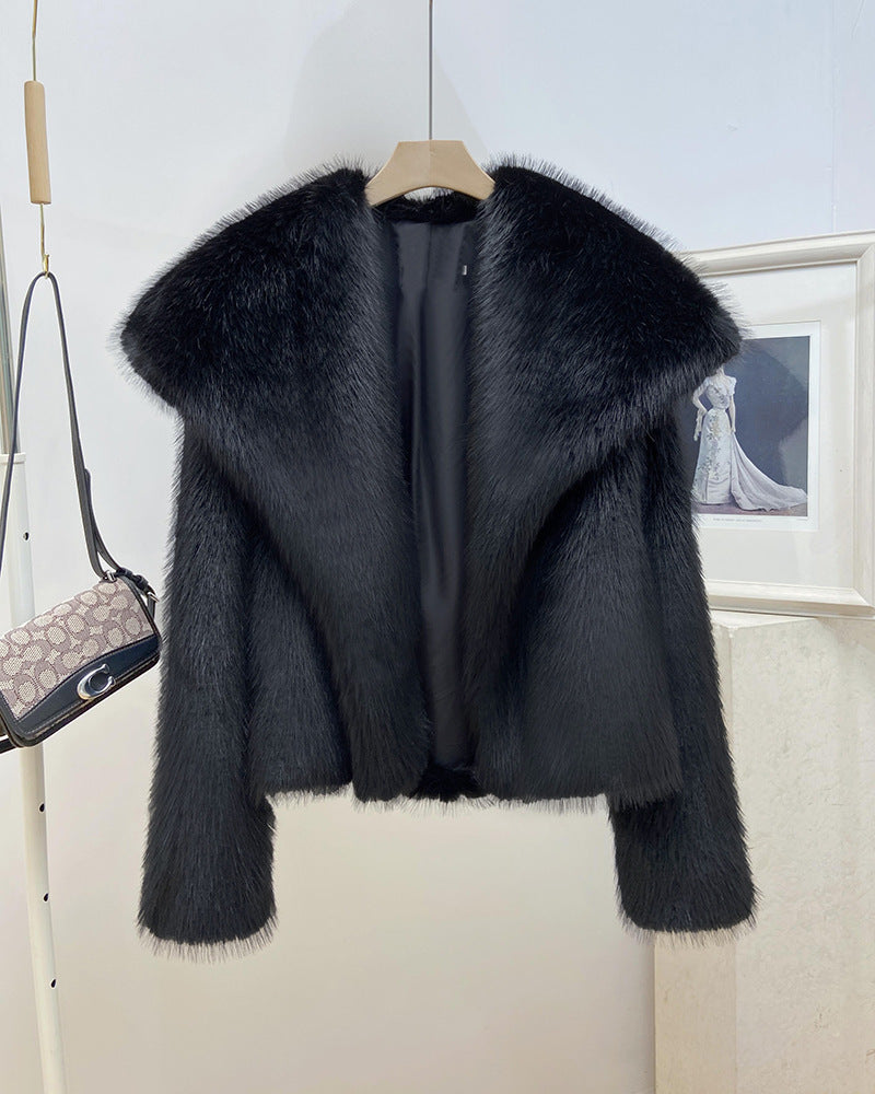 Women's Elegant Large Lapel Faux Fur Warm Coat in Black & Rice Apricot, Sizes S-XL
