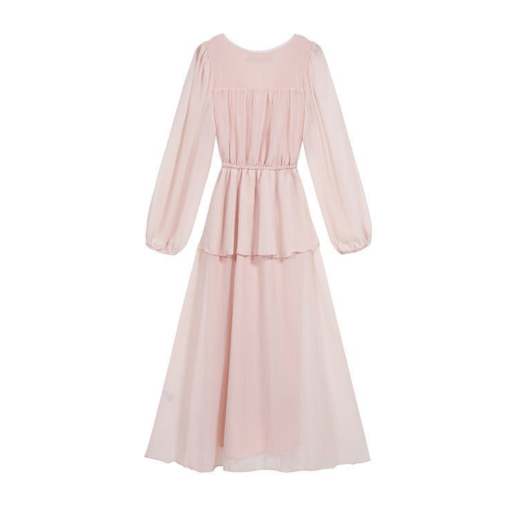 Women's Pink V-Neck Lace-Up Chiffon Lantern Sleeve Dress