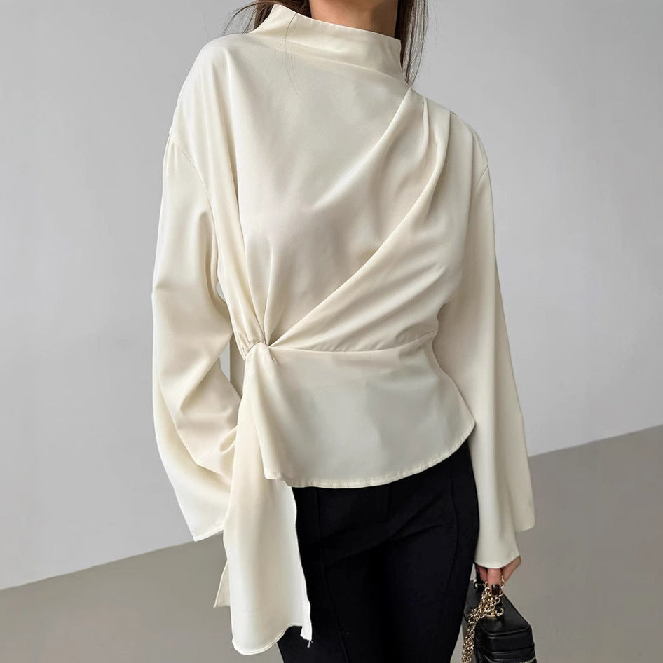 Apricot Chiffon Small Stand Collar Bell Sleeve Pleated Split Shirt