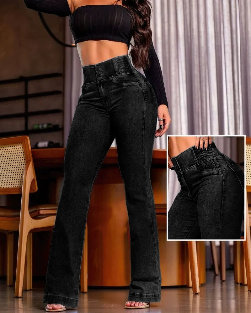 Sexy Elegant High Waist Button Front Shirred Back Casual Female Jeans