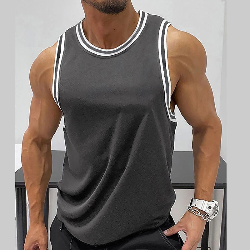 Gilet de fitness côtelé à col rond, couleur unie pour homme