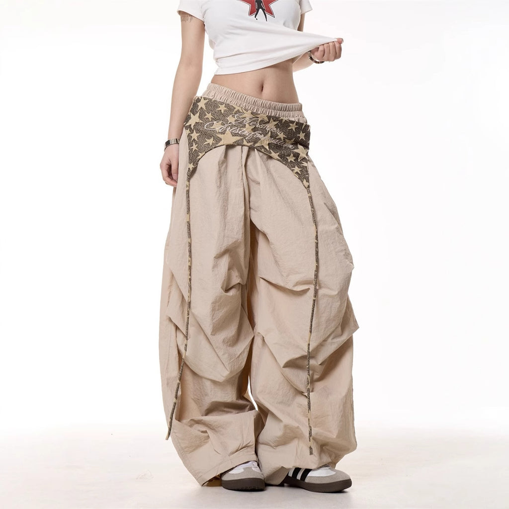 Pantalon cargo ample décontracté taille haute pour femme avec détails à nouer