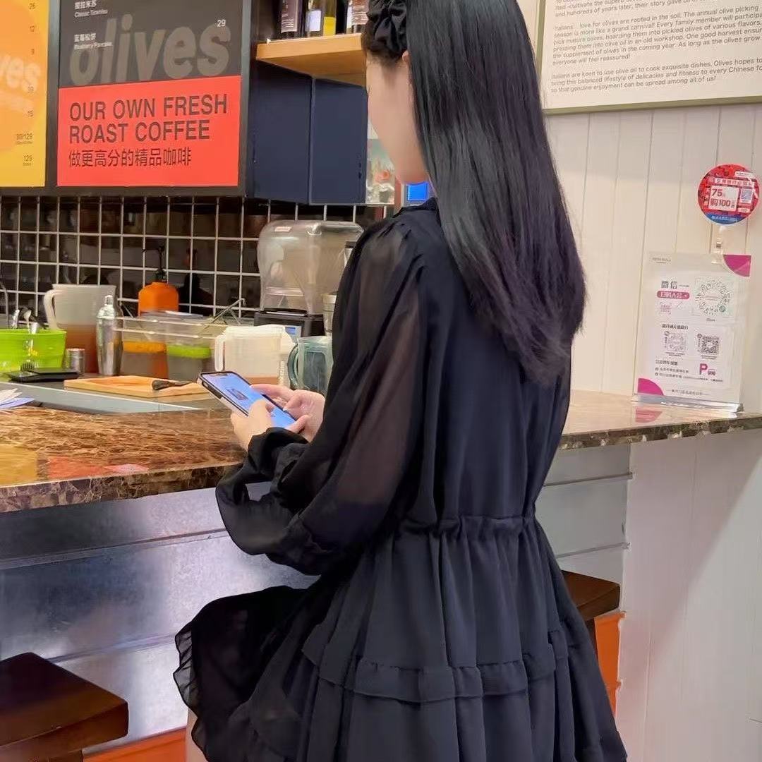 Solid Color Versatile French Black Dress Summer Women