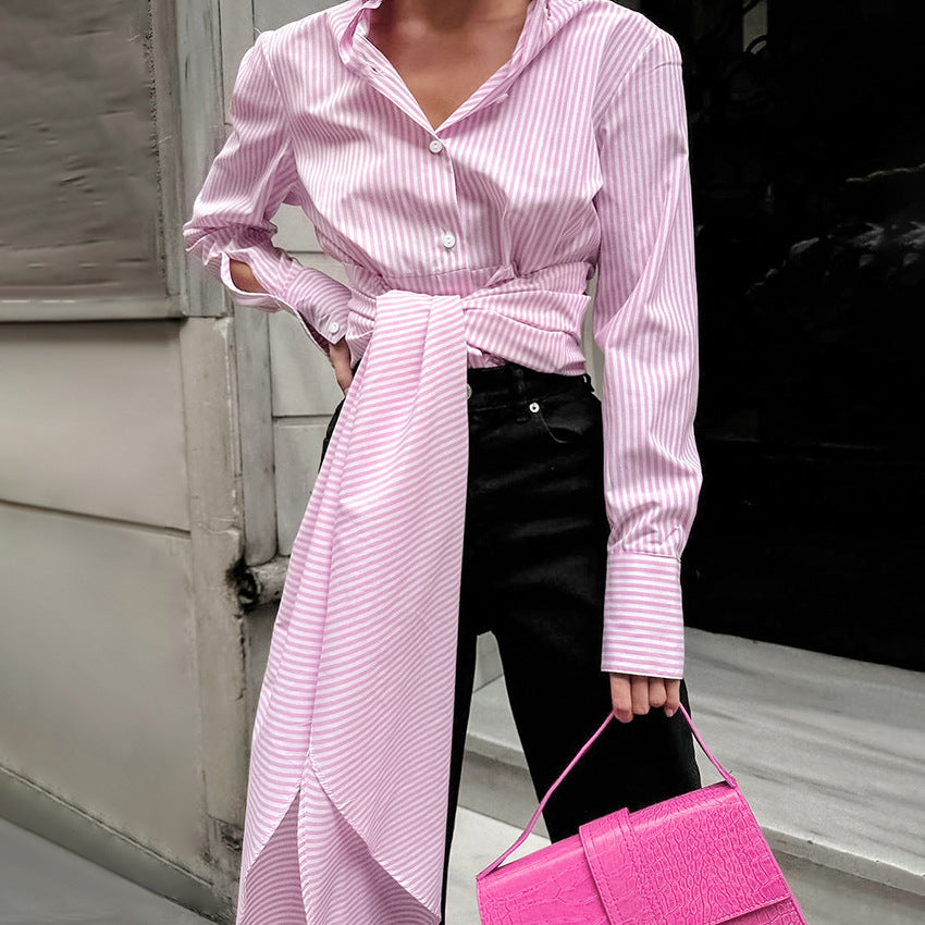 French Style Lace-Up Striped Shirt in Blue & Pink Polyester
