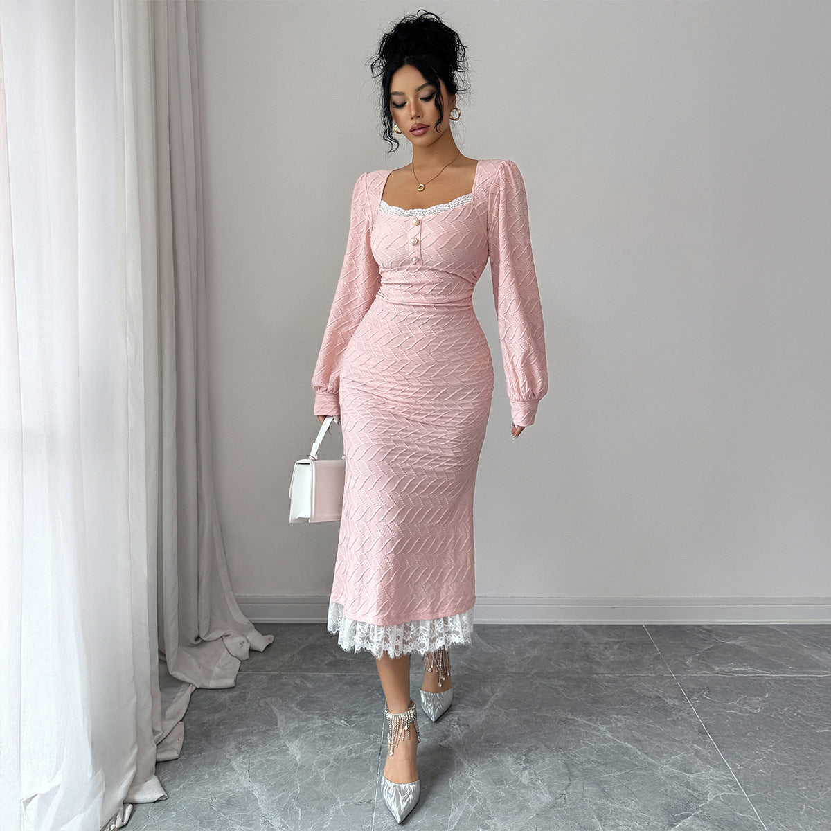 Elegant Pink Long-Sleeve Button-Down Bodycon Dress for Women
