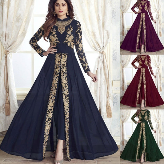 Muslim Women's Vintage Print Long Sleeve Crew Neck Dress