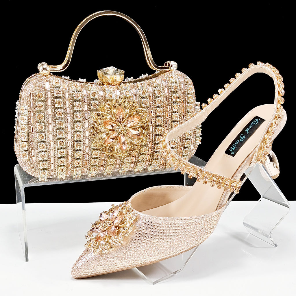 Sexy Women's High Heel Shoes and Bag Set with Rhinestones, Sizes 38-43