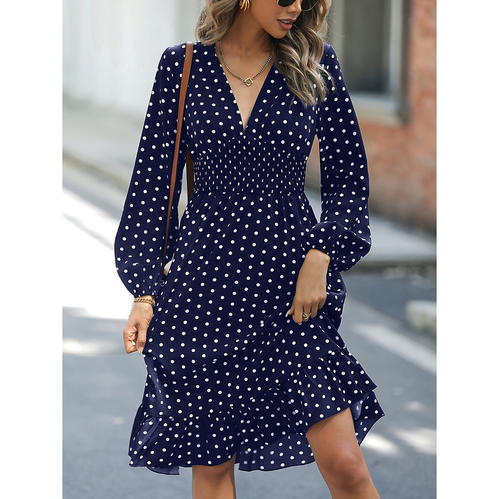 European & American Waist Slimming Polka Dot Long Sleeve Dress