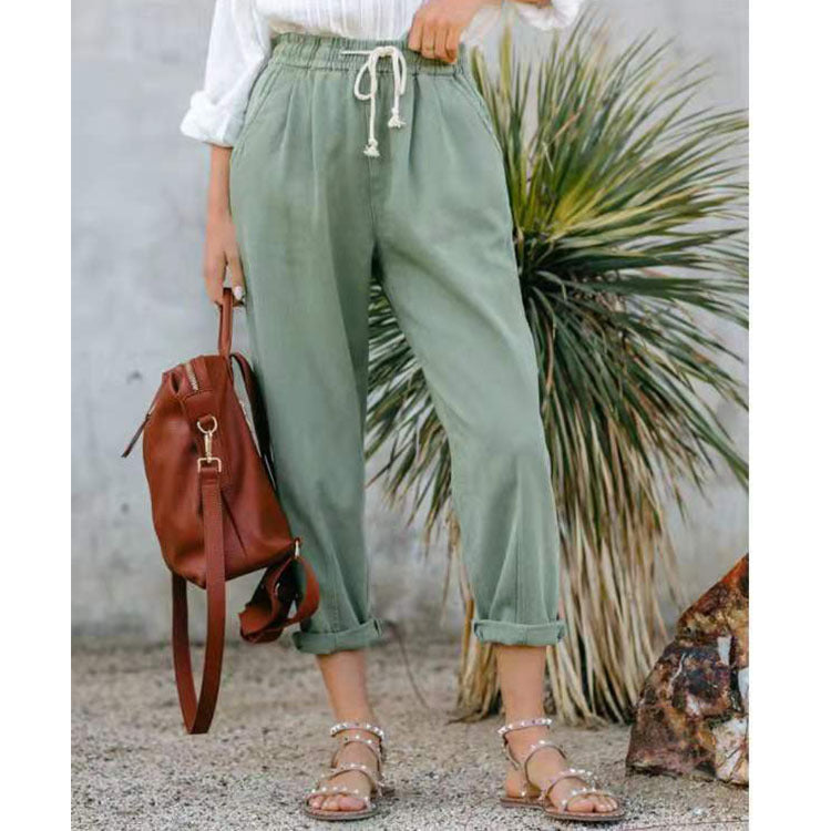 High-Waist Elasticated Straight-Leg Casual Trousers