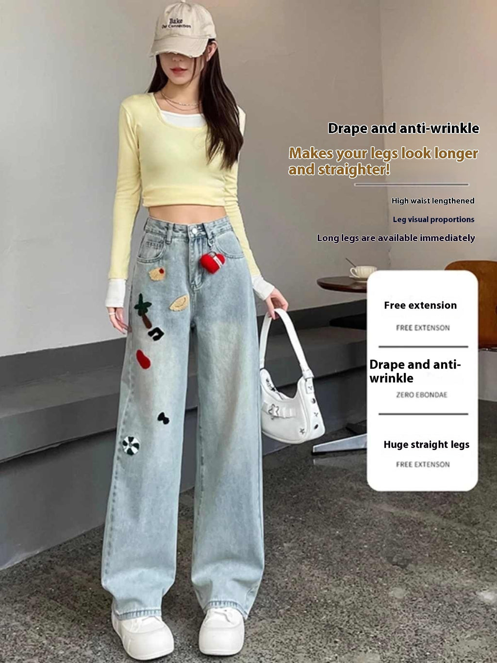 Women's High Waist Embroidered Wide-Leg Jeans Straight Mopping Pants