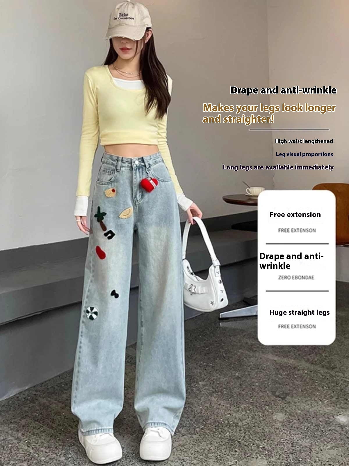 Women's High Waist Embroidered Wide-Leg Jeans Straight Mopping Pants