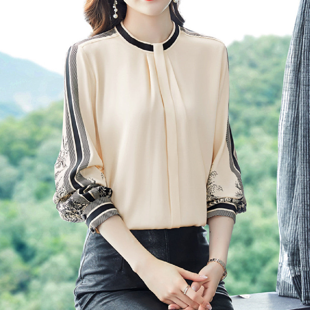 Women's Apricot Printed Mulberry Silk Satin Long Sleeve Shirt Slimming Spring Top