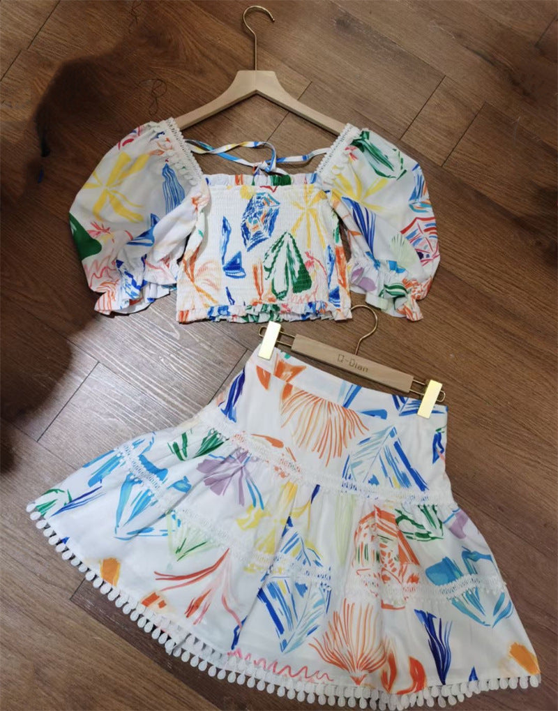 Women's Printed Square Neck Puff Sleeves High Waist Slim Top Skirt Set