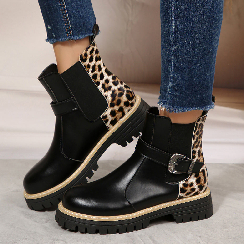 Bottines mi-hautes léopard grande taille à talon mi-haut et boucle métallique